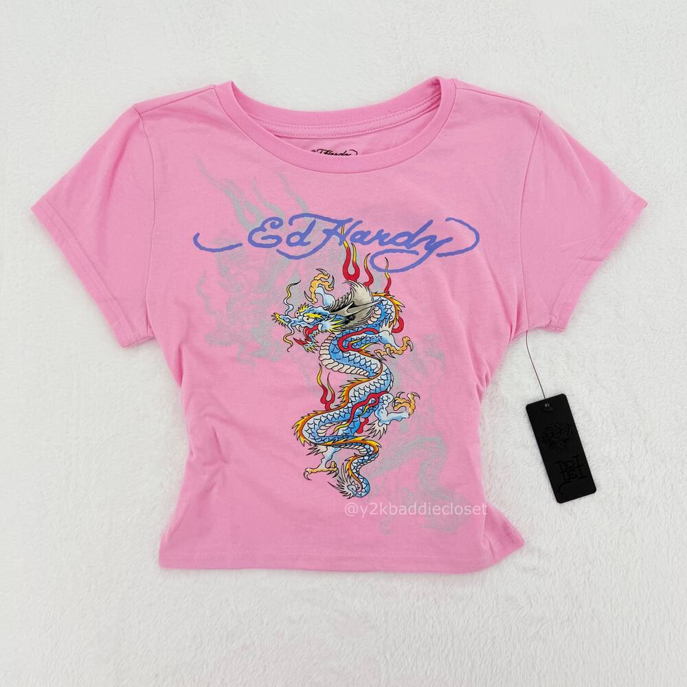 Ed Hardy Pink Dragon Graphic Short Sleeve Tee